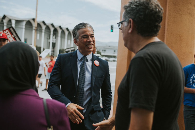 California Attorney General Rob Bonta joins WGAW Negotiating Committee Co-Chair David Goodman in support of the 2023 WGA Strike at Disney Studios in Burbank, CA.