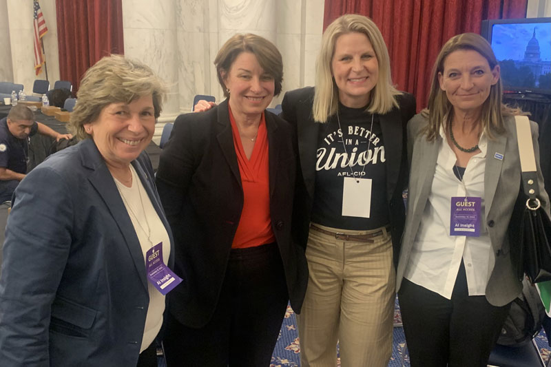 (From Left to Right):  American Federation of Teachers (AFT) President Randi Weingarten, Senator Amy Klobuchar, AFL-CIO President Liz Shuler, and WGAW President Meredith Stiehm at Senator Chuck Schumer’s Artificial Intelligence (AI) Insight Forum in Washington, DC.